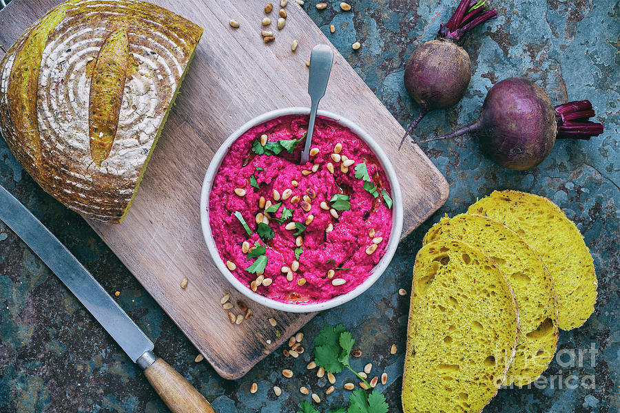 Beetroot Hummus and Turmeric Sourdough Bread Photograph by Tim Gainey