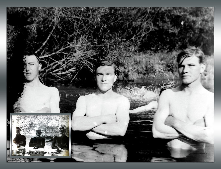 Before and After Three Young Men In A Pond Vintage Glass Plate Negative Photograph by Thomas Woolworth