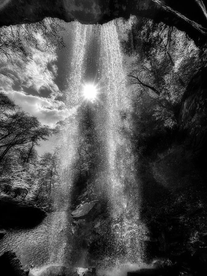 Behind the 3rd falls at Falls of Hill Creek stream  black and white Photograph by Dan Friend