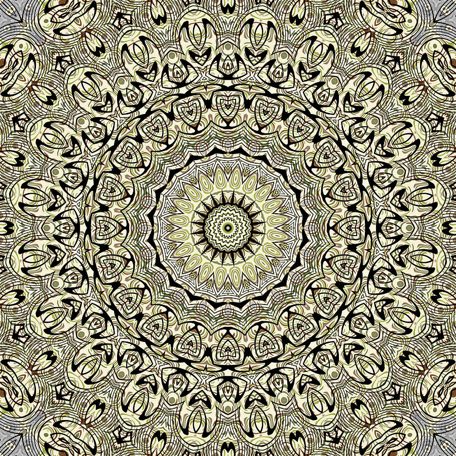 Beige and Green Mandala Kaleidoscope Medallion Flower Mixed Media by Mercury McCutcheon
