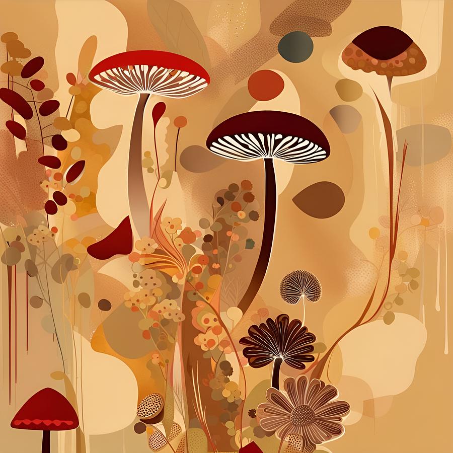 Beige and Red Mushrooms Digital Art by Judi Suni Hall