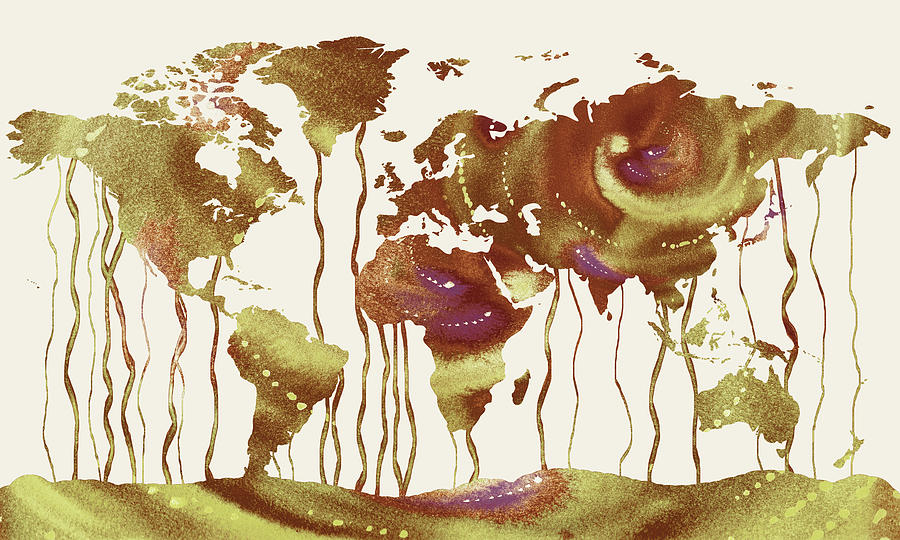 Beige Brown Watercolor Map Of The World Decor Painting by Irina Sztukowski