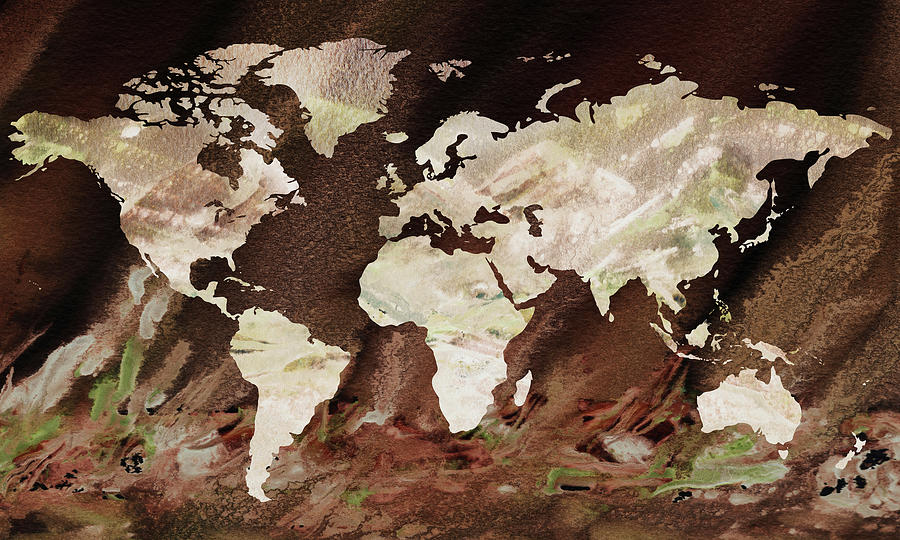 Beige Jasper Stone World Map Silhouette Art  Painting by Irina Sztukowski