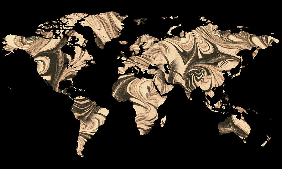 Beige Jasper World Map Black Ocean Silhouette Painting by Irina Sztukowski
