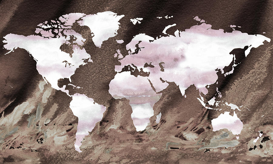Beige Splash Gray Brown Silhouette World Map  Painting by Irina Sztukowski