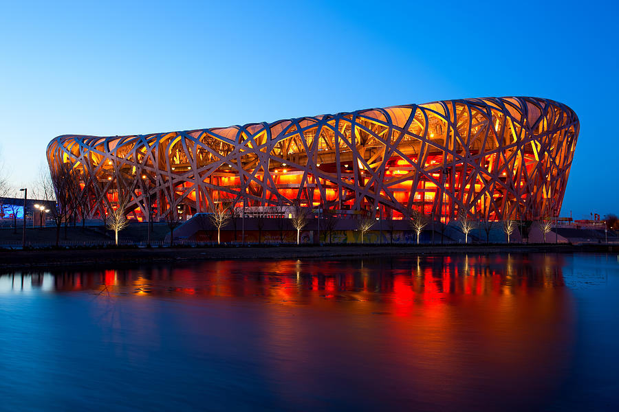 Beijing National Stadium by night  - The Birds Nest Photograph by Fototrav