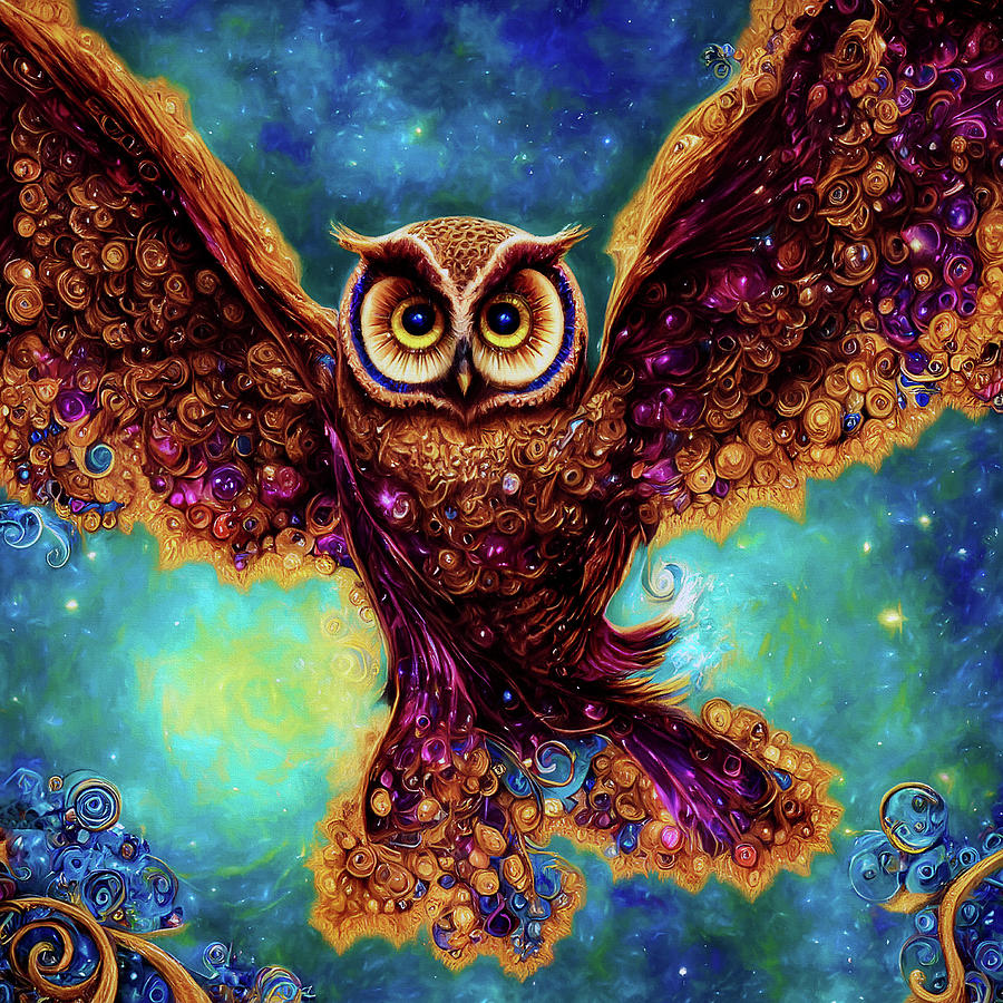 Bejeweled Owl in Flight Digital Art by Peggy Collins