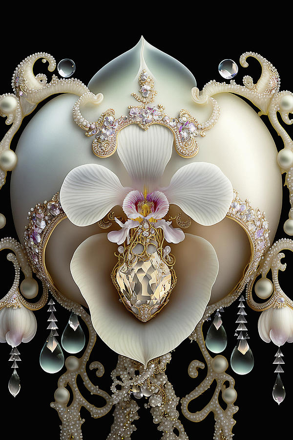 Bejeweled White Orchid - Crystals and Pearls Digital Art by Peggy Collins