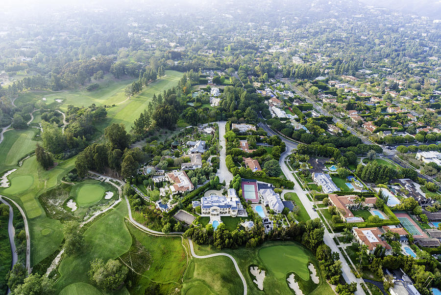 Bel Air Los Angeles neigborhood mansions and golf course, aerial Photograph by Dszc