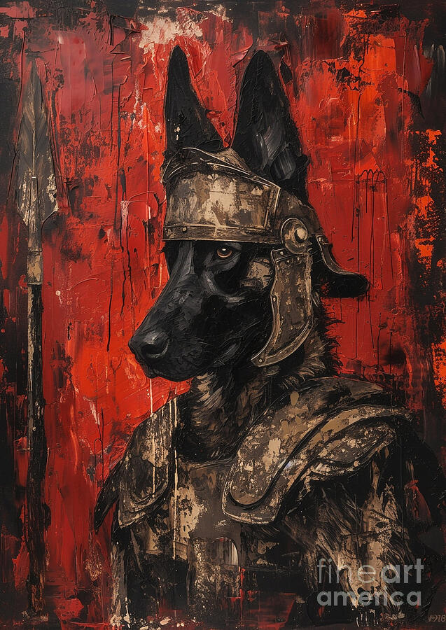 Dog Painting - Belgian Malinois - donning the battle gear of a Roman elite guard by Adrien Efren