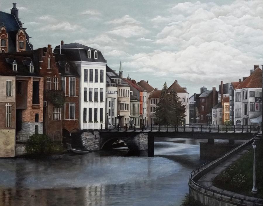 Architecture Painting - Belgium Canal Oil Painting by Lois Bailey