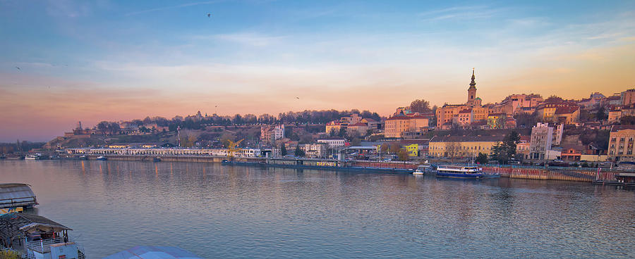 Belgrade Danube river boats and cityscape panoramic view Photograph by Brch Photography