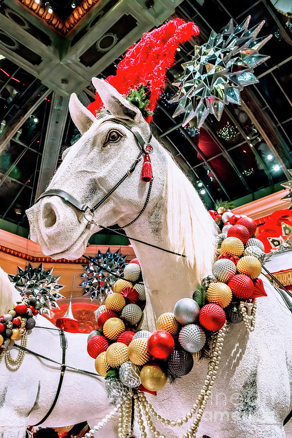 Bellagio Conservatory Christmas White Horse Left View Photograph by Aloha Art
