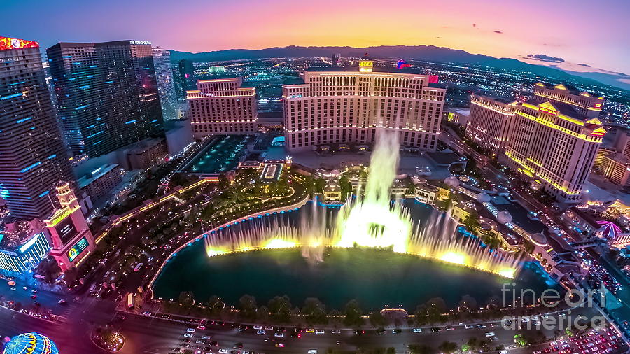 Bellagio Fountains aerial Photograph by Benny Marty