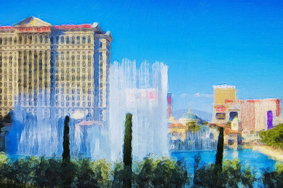 Bellagio Fountains at daytime Mixed Media by Tatiana Travelways