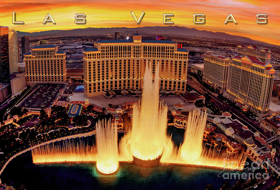 Bellagio Fountains Bright Sunset Post Card Photograph by Aloha Art