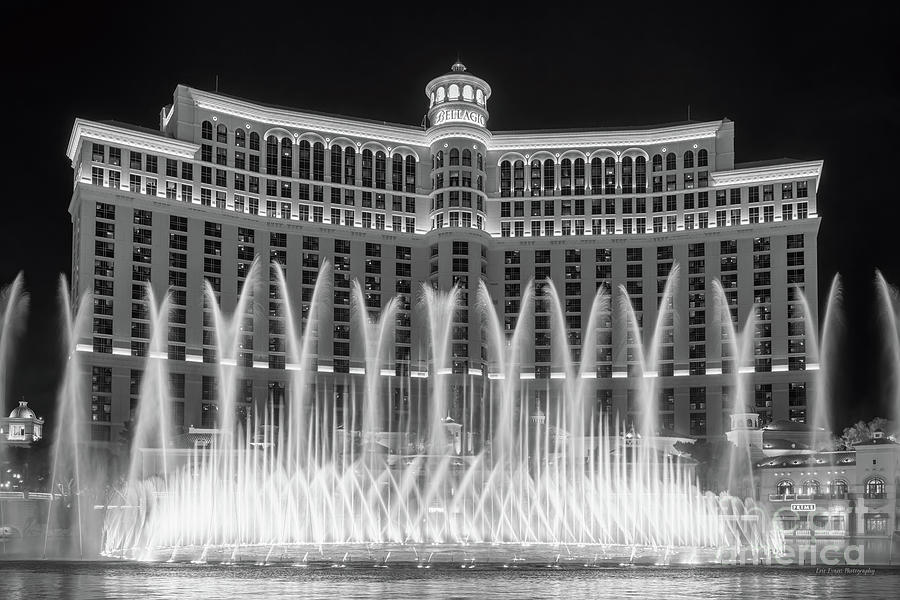 Bellagio Fountains Center X Display Black and White Photograph by Aloha Art