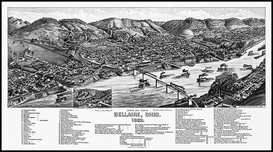 Ohio Map Photograph - Bellaire Ohio Vintage Map Birds Eye View 1882 Black and White  by Carol Japp