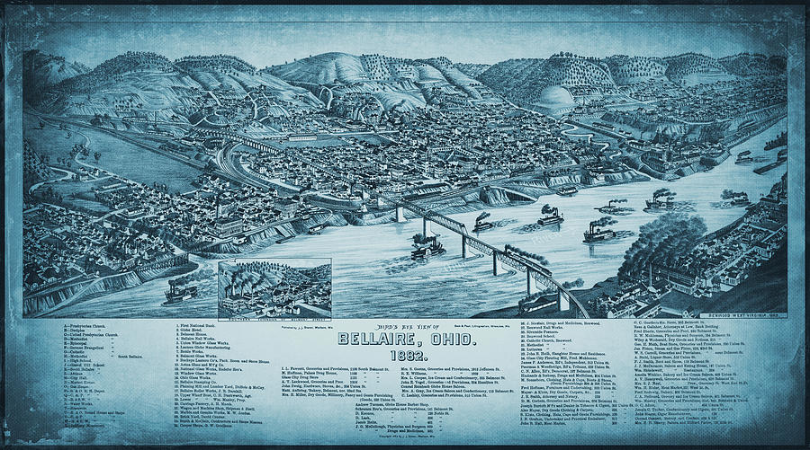 Ohio Map Photograph - Bellaire Ohio Vintage Map Birds Eye View 1882 Blue by Carol Japp