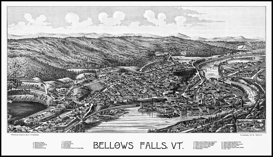 Bellows Falls Vermont Vintage Map Aerial View 1886 Black and White