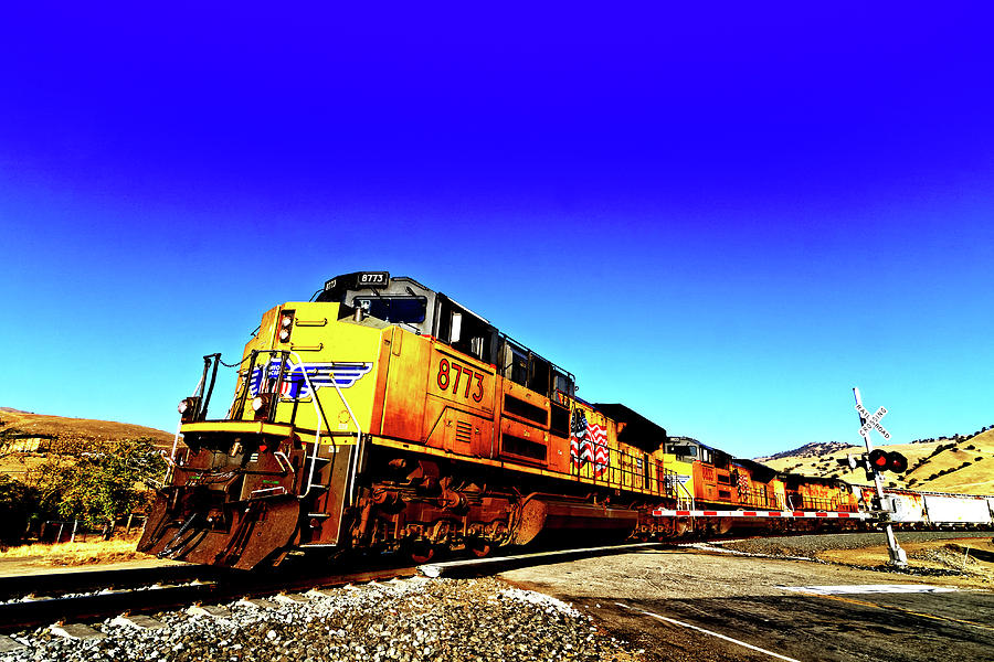 Bells and Whistles -- Union Pacific Freight Train at Railroad Crossing in Caliente, California Photograph by Darin Volpe