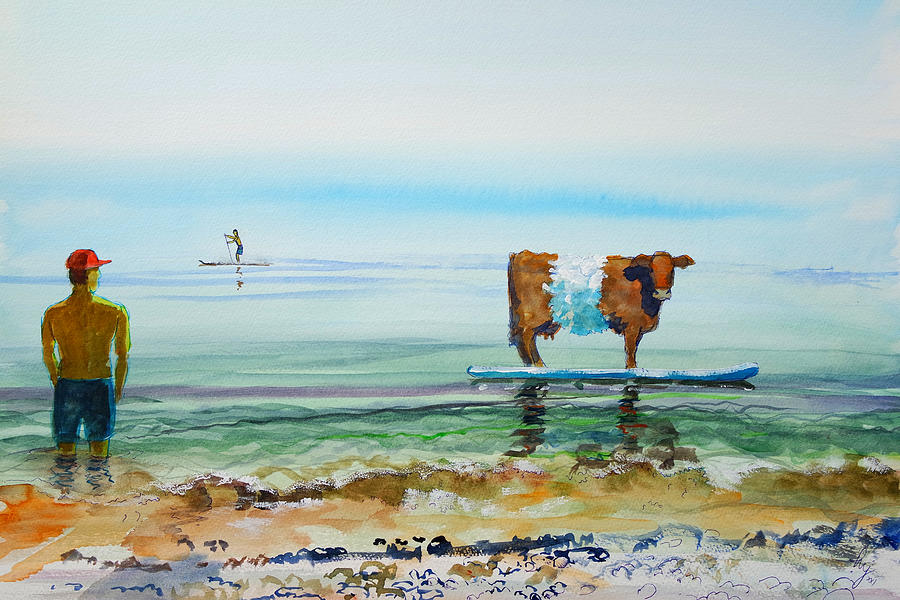 Belted galloway cow on paddleboard at seaside surreal painting Painting by Mike Jory