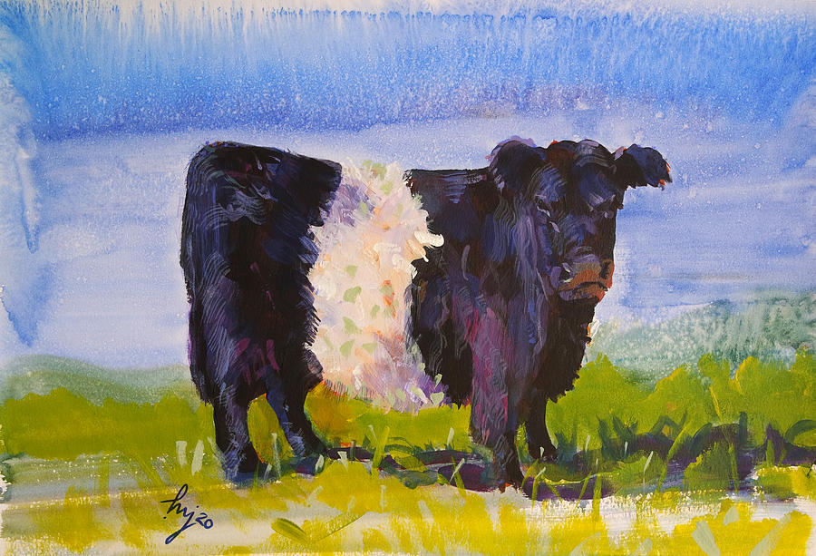 Belted galloway cow painting beltie and blue sky Painting by Mike Jory