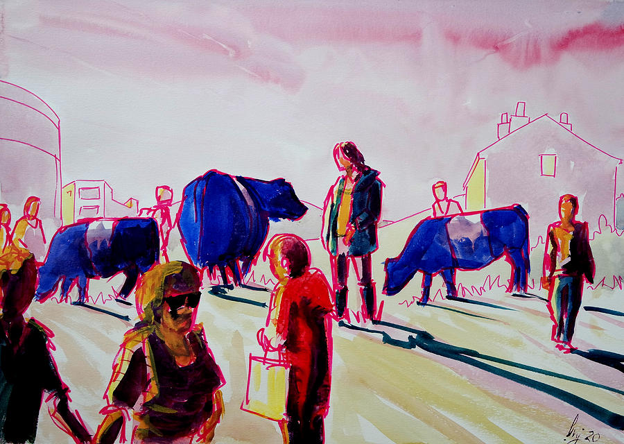Belted galloway cows and people surreal painting Painting by Mike Jory