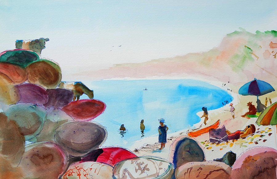Belted galloway cows on pebbles at Budleigh Salterton beach surreal painting Painting by Mike Jory
