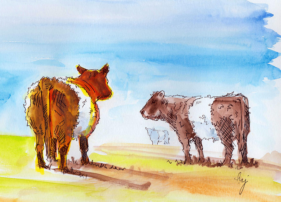 Belted Galloway cows painting orange and brown Painting by Mike Jory