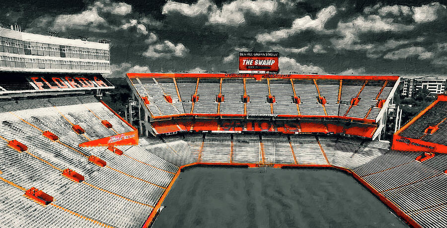 Ben Hill Griffin Stadium in black and white with orange isolated Digital Art by Nicko Prints