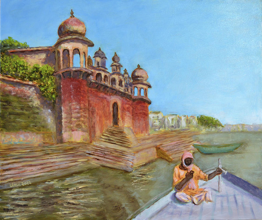 Benaras - Boatman at Chet Singh Ghat Painting by Uma Krishnamoorthy