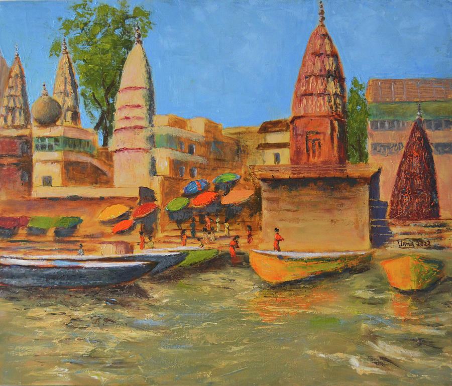 Boat Painting - Benaras - Dashashwamedh Ghat by Uma Krishnamoorthy