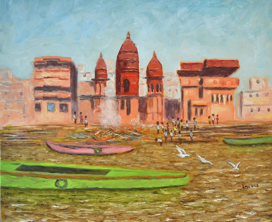 Boat Painting - Benaras - Manikarnika Ghat by Uma Krishnamoorthy
