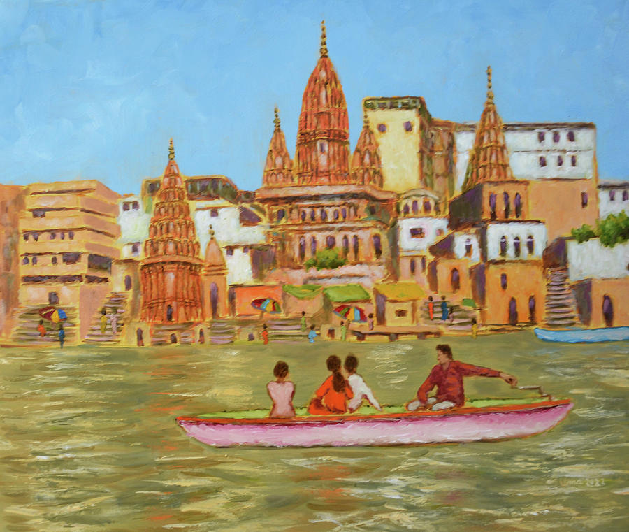 Boat Painting - Benaras - Temples at Manikarnika Ghat by Uma Krishnamoorthy