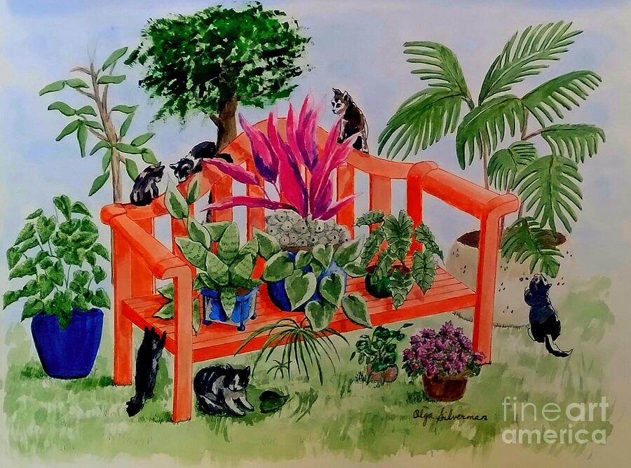 Bench with Plants and Cats Drawing by Olga Silverman