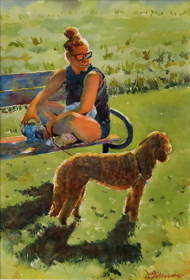 Benched Lady and Her Dog Painting by David Gilmore