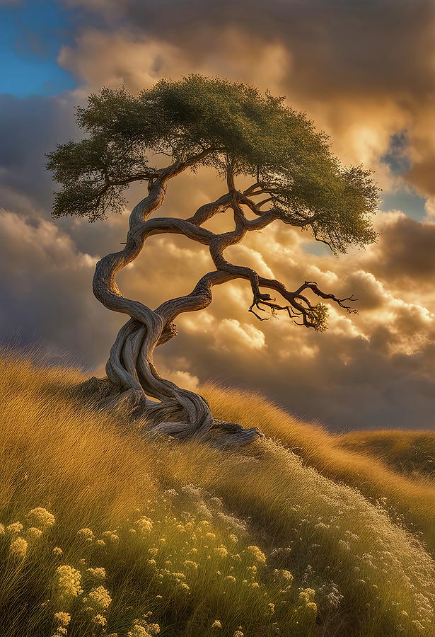 Bend and Bloom - Unique Tree in the Dusk Light Digital Art by Russ Harris