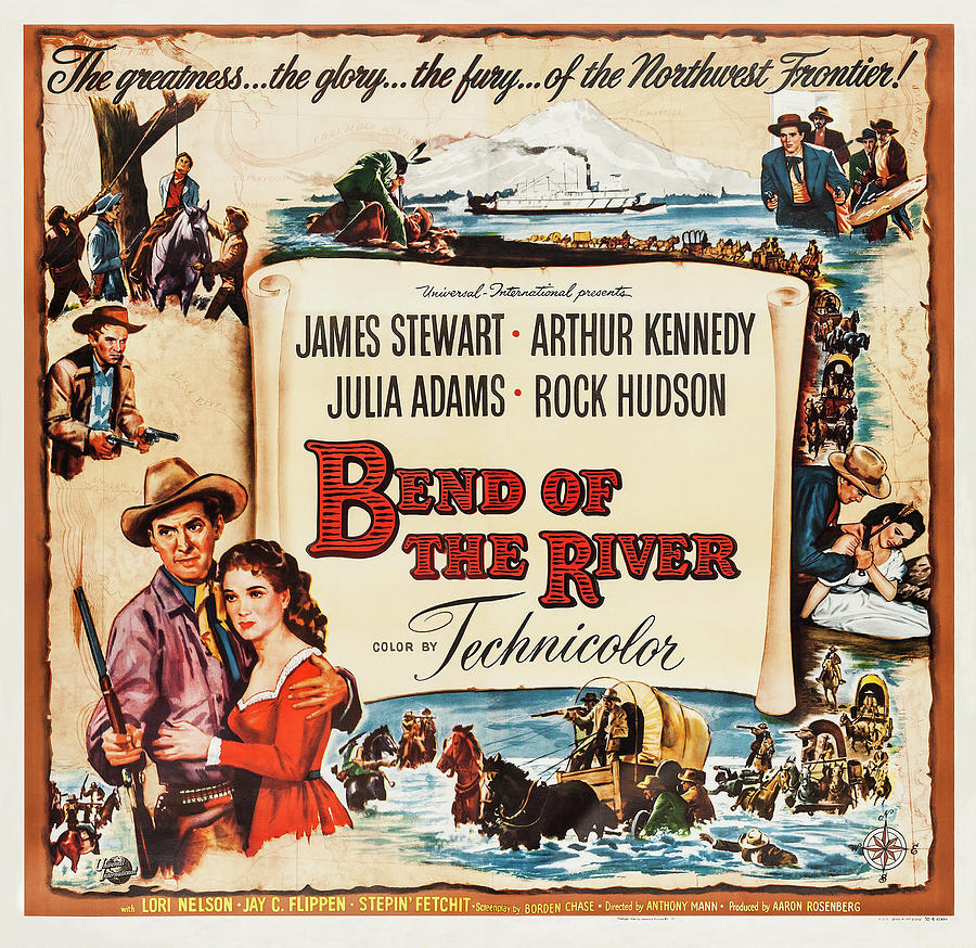 James Stewart Mixed Media - Bend of the River, with James Stewart and Rock Hudson, 1952 by Movie World Posters