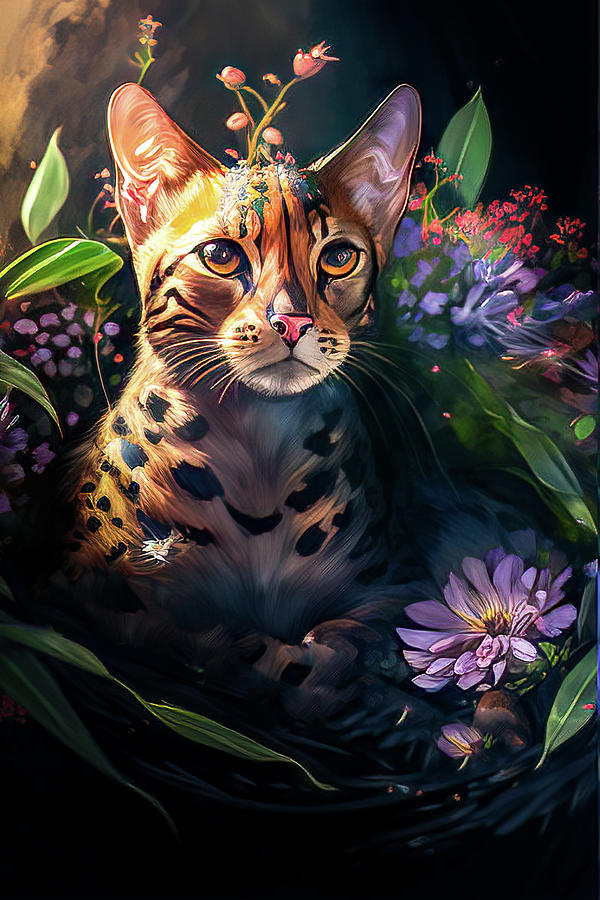 Bengal Kitten In A Basket Of Flowers Painting by Bob Orsillo
