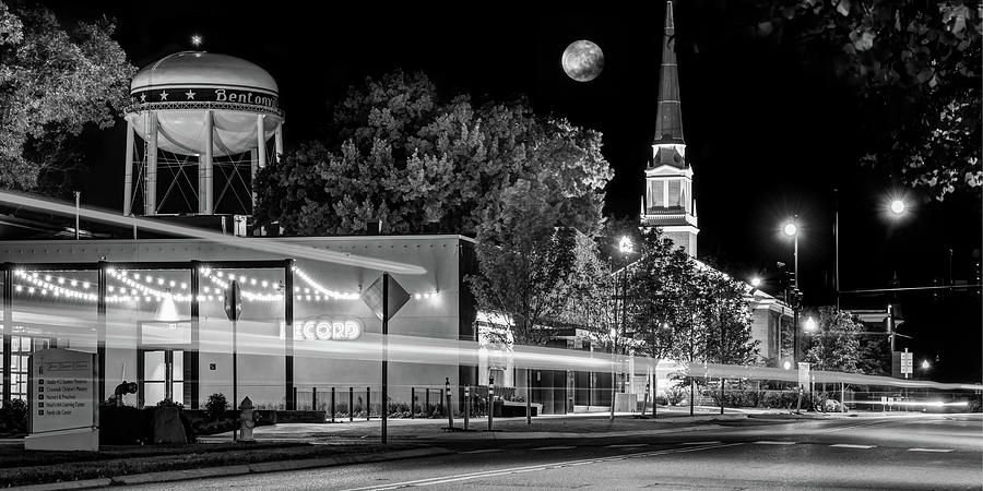 Bentonville Arkansas Water Tower and Full Moon Panorama - Black and White Photograph by Gregory Ballos