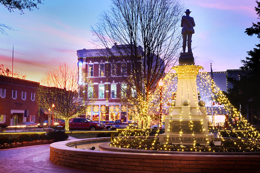 Bentonville Square Confederate Solder With Christmas Lights at Twilight Photograph by JeremyMasonMcGraw.com