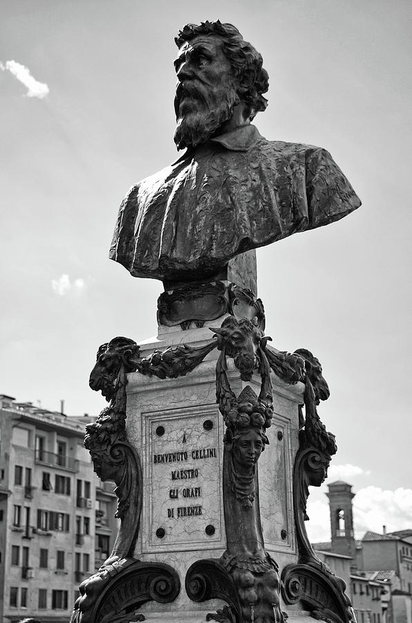 Benvenuto Cellini Monument Ponte Vecchio Florence Italy Black and white Photograph by Shawn OBrien