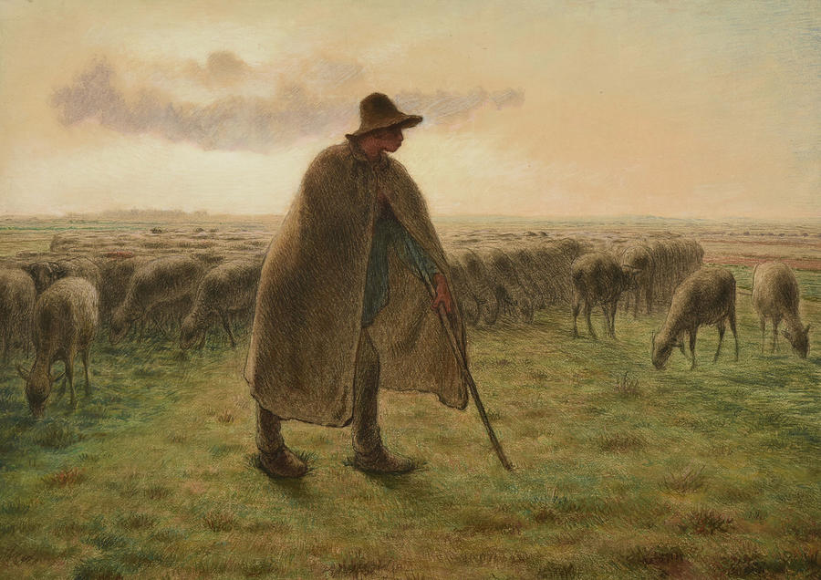 Shepherd Guarding His Flock Drawing by Jean-Francois Millet