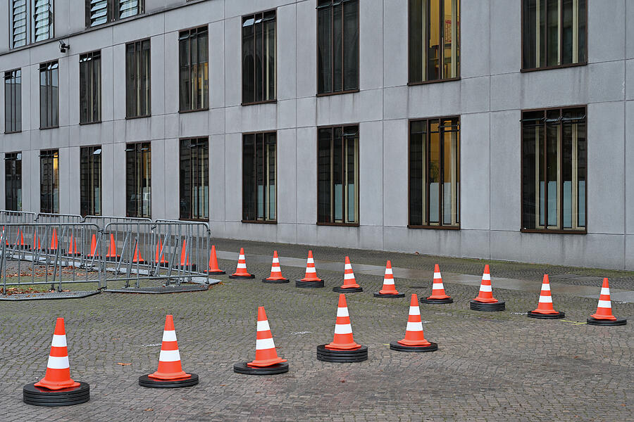 Berlin Geometry - Safety Cones and City Facades Photograph by Matthias Hauser Berlin Geometry - Safety Cones and City Facades Photograph by Matthias Hauser