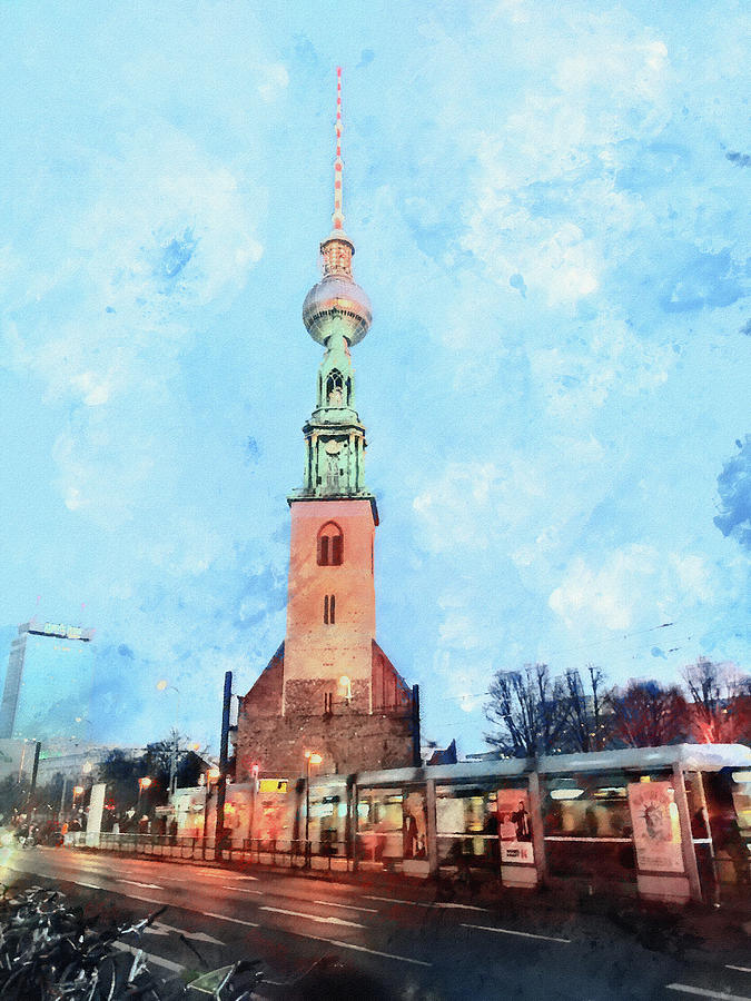 Berlin. St. Marys Church and TV Tower. Painting by Alex Mir