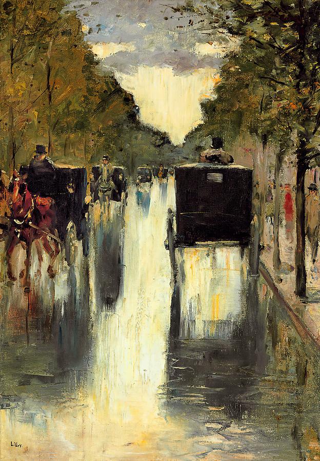Berlin Street Scene with Horse-Drawn Cabs Painting by Lesser Ury