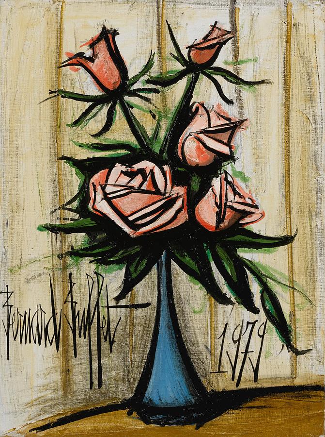Bernard Buffet Pink Roses In Blue Vase Painting