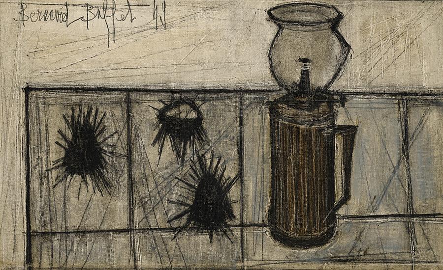 Bernard Buffet Still Life With Sea Urchins And Pigeon Lamp Painting