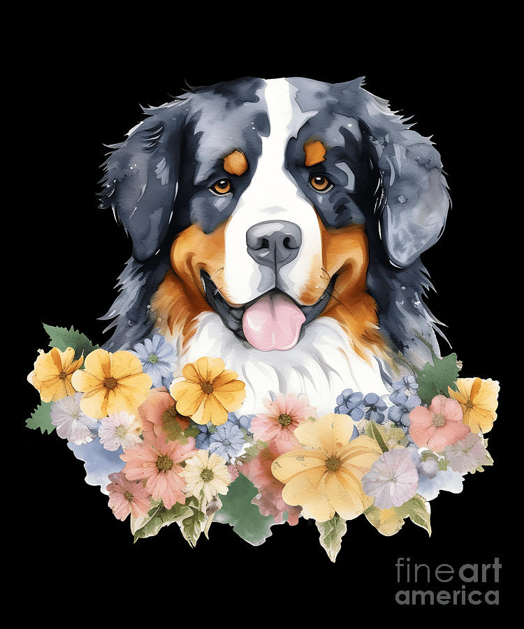 Bernese Mountain Dog Watercolor Floral Digital Art by Heidi Joyce ...